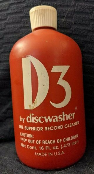 Vintage 16 Oz Bottle Discwasher D3 Disc Lp Vinyl Record Cleaning Fluid Near Full