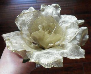 Vintage Large Gold Artificial Rose Flower,  Organza - Like,  W/ Glitter,  Short Stem