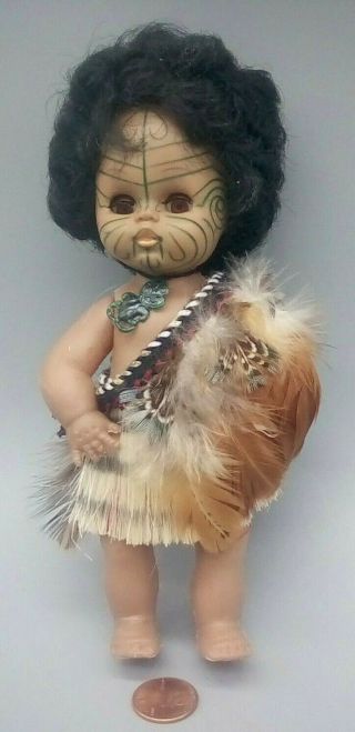 Vint.  Zealand Souvenir Maori Doll Painted Face Tattoos Tiki Charm Sleep Eyes
