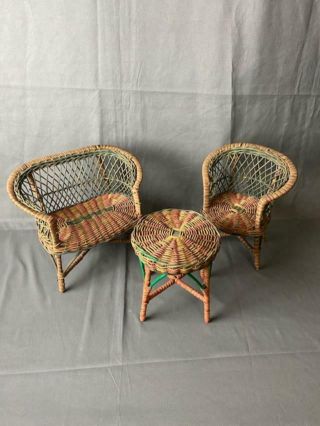 Vintage Doll Furniture Wicker Set 2 Chairs And A Table In Green & Brown Mgo