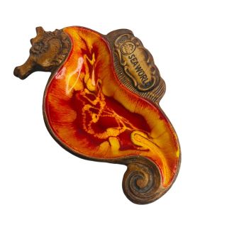 Vintage Mid Century Treasure Craft Seahorse Dish Seaworld Souvenir Orange Red 7”