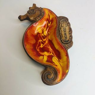 Vintage Mid Century Treasure Craft Seahorse Dish Seaworld Souvenir Orange Red 7” 2