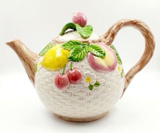 Vintage Fitz Floyd Teapot Fruit Fair Basket Weave Strawberry 1990 42oz Euc