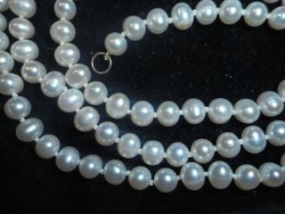 Vintage Small 5mm Cultured White Pearl Necklace Knotted Sterling Silver 18 "