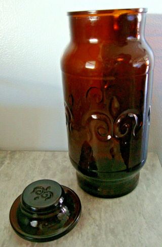 Vintage 9 Inch Tall Brown Amber GLASS JAR Canister with Lid Approx.  4 inch Wide 2