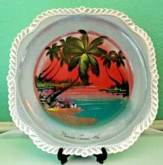 7) Vintage Harkerware 8.  25 " Hand Painted Florida Souvenir Plates Flamingos Palms