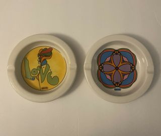 2 Peter Max Iroquois China Ashtrays Vintage Large Ny 10” Flower And Love