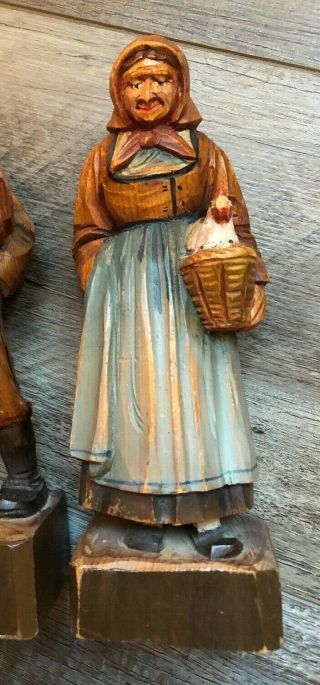 Vtg Old 7 " Carved Wood Woman W Chicken In Basket Made In Luzern Switzerland