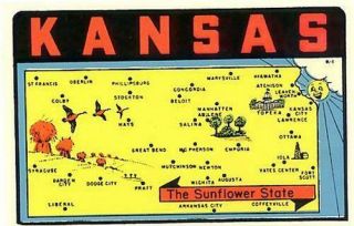 Vintage Kansas Sunflower State Map Lindgren Turner Travel Decal Souvenir Sticker