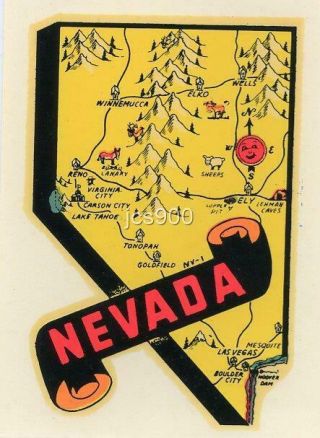 Vintage Nevada State Map Souvenir Travel Water Decal Sticker Lindgren Turner Art