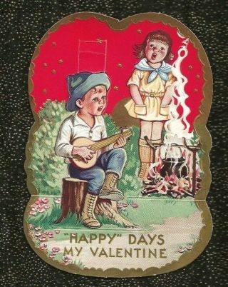 Vintage Signed Die Cut Valentine Boy & Girl Singing At Campfire Playing Banjo