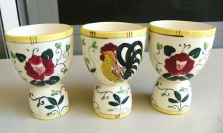 3 Vintage Rooster Double Egg Cups Hand Painted Flowers & Vines 4 "