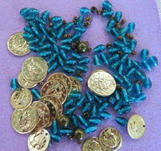 Old Stock Vintage Teal Beads For Necklace W Brass Colored Glass &coin Accent