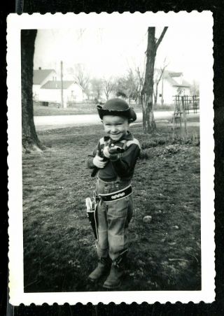 Vintage Halloween Photo Boy Dressed As Cowboy Shot Gun Mask Costume Halloween