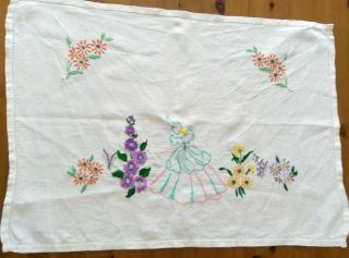 Vintage Linen Traycloth Hand Embroidered Crinoline Lady & Flowers.  22 " X 16 "
