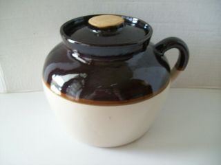 Vintage Crock Bean Pot With Handle And Lid Brown & Tan Stoneware Usa