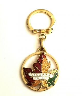 Niagara Falls Maples Leaf Gold Tone Enamel Canada Souvenir Collectible Keychain