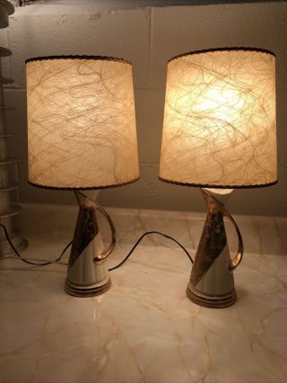 Two Vintage Gold Accented Lamps With Fiberglass Shades