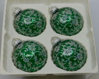 Vintage Box Of 4 Krebs Ball Glass Christmas Ornaments,  Green W Silver Glitter