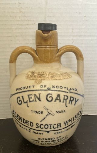 Vintage Crock Jug Scotch Whiskey,  Glen Garry,  Double Handled Stoneware Scotland