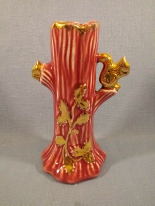 Vtg Usa Ceramic Gilded Rose Pink 22k Gold Tree Squirrel Bud Vase Embellished Euc