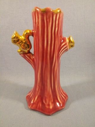 VTG USA Ceramic Gilded Rose Pink 22k Gold Tree Squirrel Bud Vase Embellished EUC 3