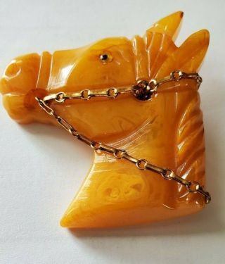 Vintage Bakelite Butterscotch Horse Head Pin With Metal Bridle