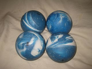 Set Of 4 Abc Blue & White Swirl Candlepin Bowling Balls 4.  5 " Diameter Vintage