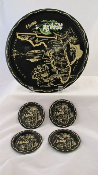 Vintage Florida Map Souvenir Tin Tray With 4 Coasters 11 " Round