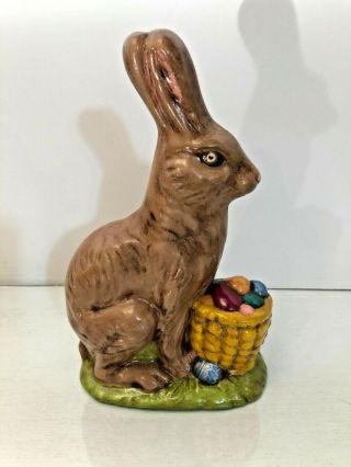 Vintage Hand Painted Ceramic Brown Easter Bunny W Basket Of Eggs Artist Signed