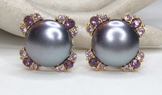 Vintage Signed Joan Rivers Faux Pearl & Purple Rhinestone Clip On Earrings