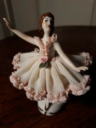 Vintage Dresden Germany Ballerina Dancer Porcelain Pink Lace Figurine