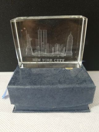 3d Laser Etched Glass York City Skyline Twin Towers Paperweight With Case