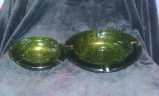 2 Vtg Anchor Soreno Hvy Ripple Glass Mid - Century 9” Green & 6 " Birdnest Ashtreys