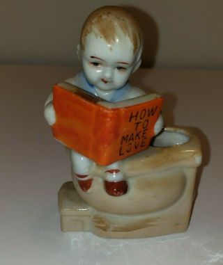 Vtg Japan Porcelain Planter Toothpick Holder Boy On Toilet Reading How Make Love