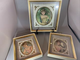 Vintage Framed Prints Set Of Three,  Woman Pose,  White/gold Frame.