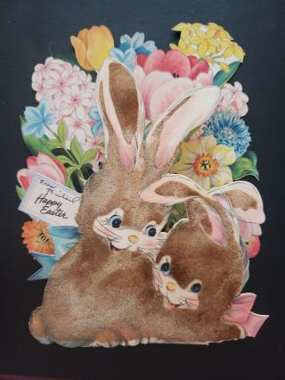Vtg 1940s Hallmark Easter Greeting Card Diecut Flocked Standup 3d Bunnies 8 - 3/4 "