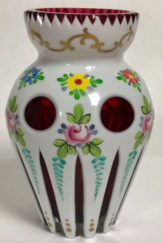 Vintage Czech White Cut To Cranberry Vase Bohemian Art Glass Hand Painted Roses