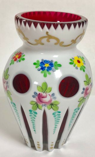 Vintage Czech White Cut to Cranberry Vase Bohemian Art Glass Hand Painted Roses 2