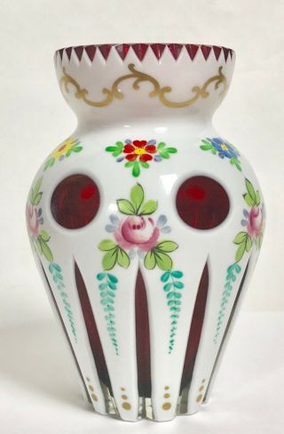Vintage Czech White Cut to Cranberry Vase Bohemian Art Glass Hand Painted Roses 3