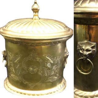 Atq Vtg Brass Lidded Box With Lion Head Ring Handles Engraved Rare Trinket