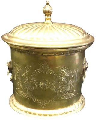Atq Vtg Brass Lidded Box with Lion Head Ring Handles Engraved Rare Trinket 2