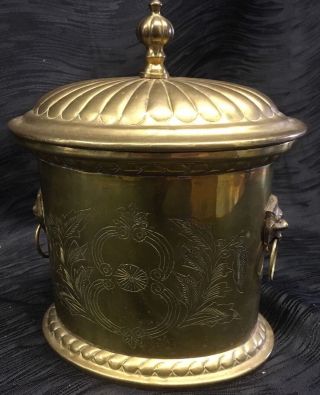 Atq Vtg Brass Lidded Box with Lion Head Ring Handles Engraved Rare Trinket 3