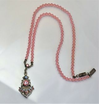 Vtg 1928 Brand Faceted Pink Glass Bead Necklace Art Deco Blue Rhinestone Pendant