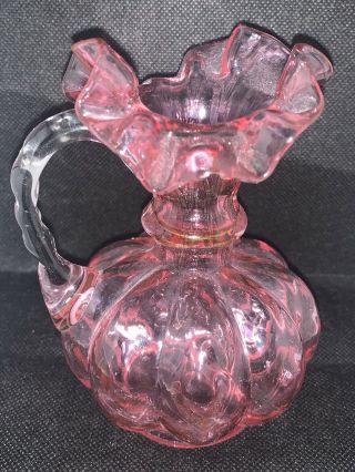 Vintage Fenton Pink Cranberry Art Glass Ruffle Melon Pitcher Vase Bubble