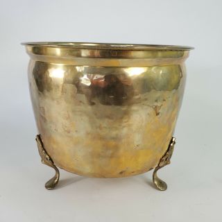 Vtg Hammered Solid Brass Planter Pot Claw Foot 8.  5 " Wide X 7.  25 " H