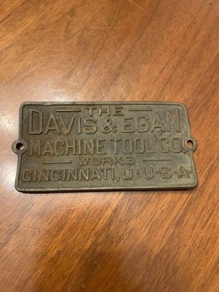 Vtg.  Davis & Egan Machine Tool Co.  Metal Plate 3.  5” X 2” Cincinnati Oh Usa