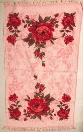 Vintage 1960 ' s bath towel,  pink and red roses,  pink background 2