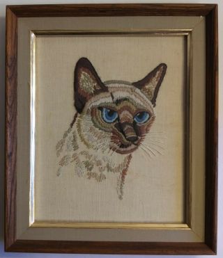 Vintage Hand Stitched Wall Hanging Siamese Cat Framed Picture Art Embroidery