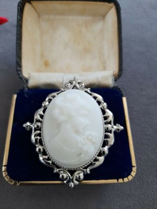 Vintage Cameo Brooch.  White And With Silver Colored Frame